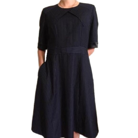 Estee Lauder Navy Blue Pinstripe Tulip Style Fit & Flare Vintage Dress, Size 8 - Picture 2 of 10